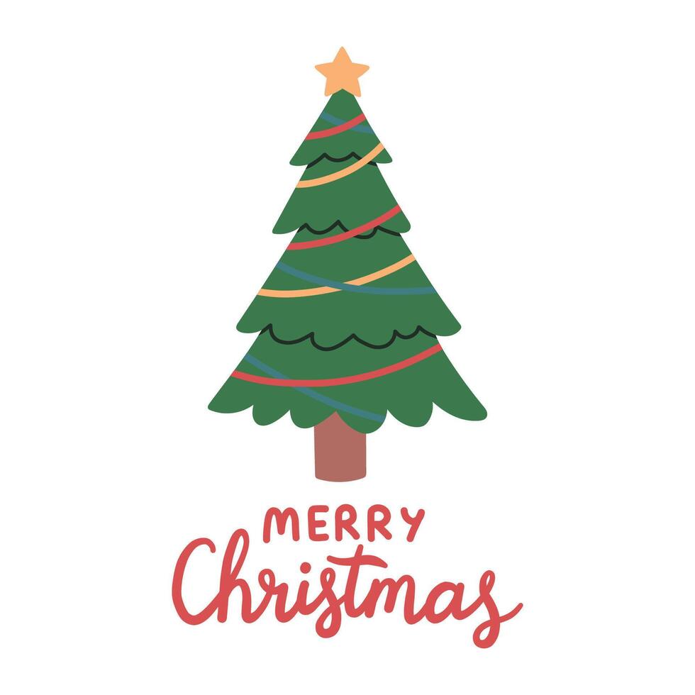Merry Christmas simple card on white background with hand written text. Simple Christmas tree flat design with christmas balls. vector