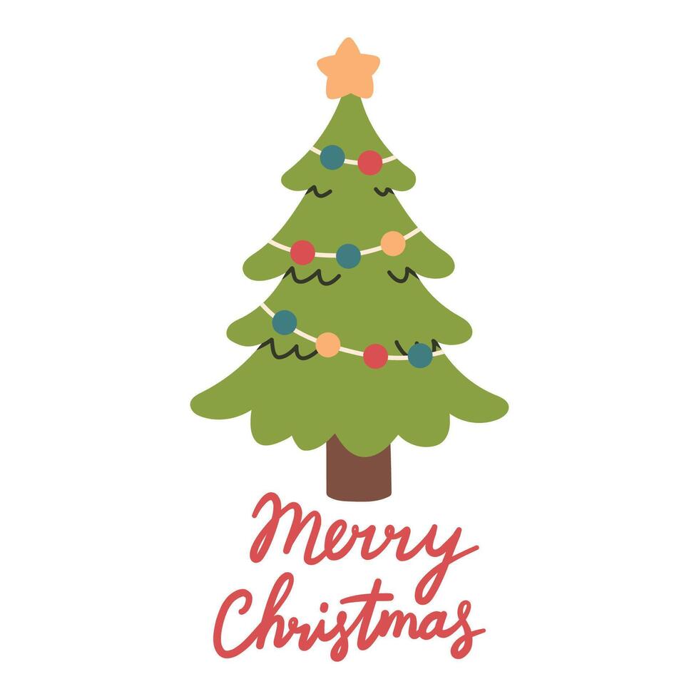 Merry Christmas simple card on white background with hand written text. Green Christmas tree with christmas balls. Flat christmas tree illustration vector