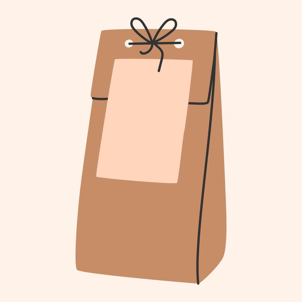 Eco-friendly gift package.Box with craft paper.Holiday present decorated with ribbon bow and empty tag.Christmas and New Year concept.Hand-drawn trendy style. illustration EPS10 vector