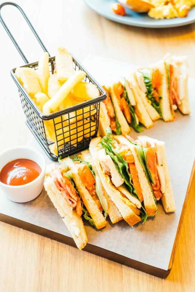 A tray with a sandwich and fries on it photo