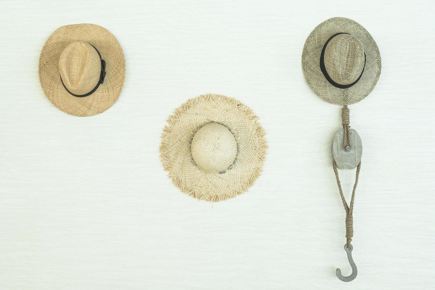Three hats hanging on a hook on a wall photo