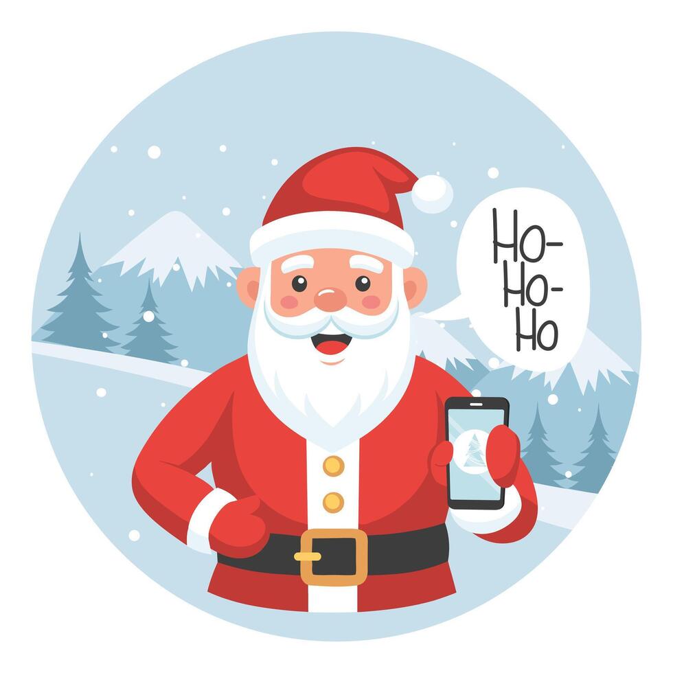 Cute Santa Claus with a smartphone in his hand against the background of a winter landscape. Christmas illustration in a flat style. vector