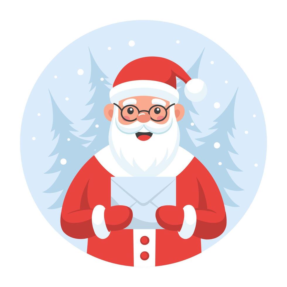 Cute Santa Claus with a letter in his hands on the background of a winter landscape. Christmas illustration in a flat style. vector