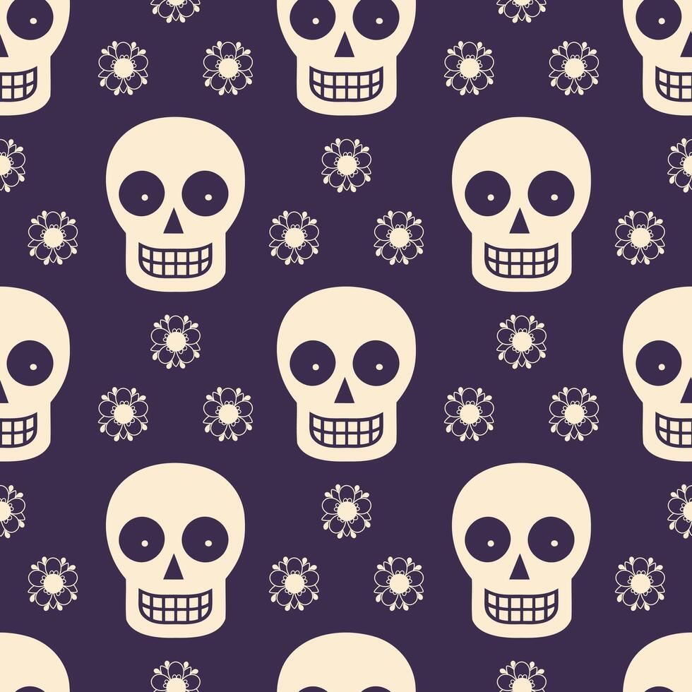 Seamless pattern with sugar skulls and flowers on dark background. Day of the Dead holiday background vector