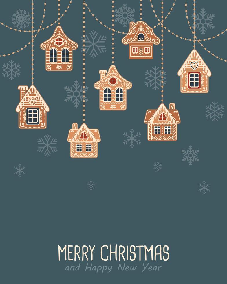 Christmas background with hanging cute gingerbread houses in the snow, greeting card. Illustration in flat style. vector