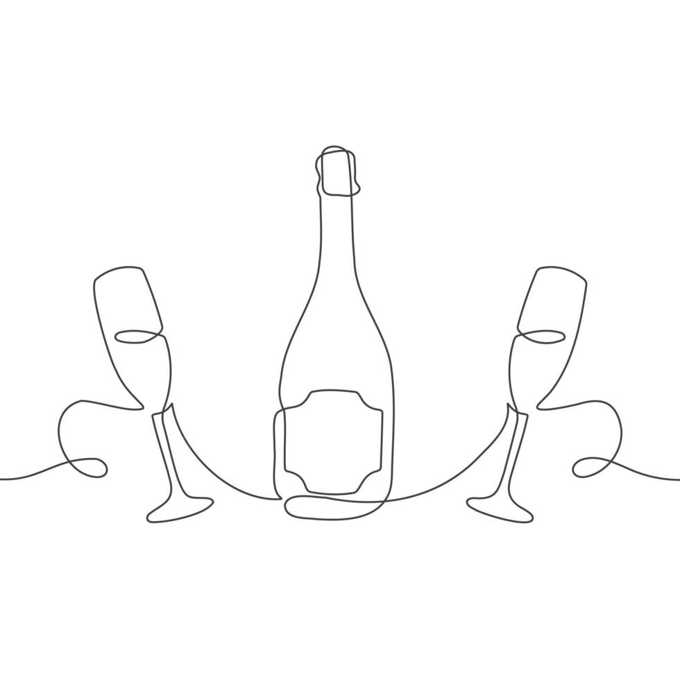 Continuous one line drawing of champagne bottle and two champagne glasses. Illustration for postcard, greeting card decoration vector