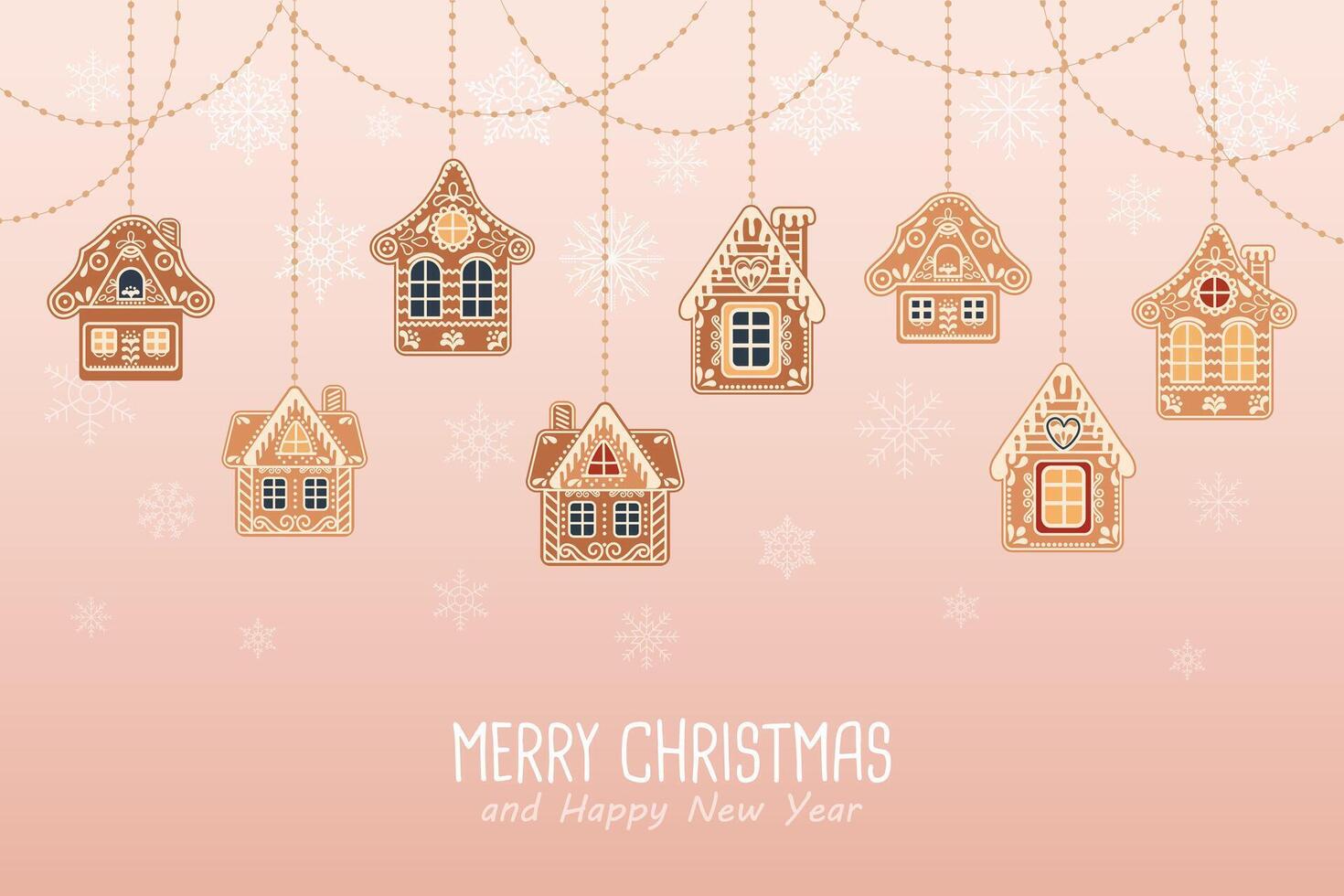 Christmas background with hanging cute gingerbread houses in the snow, greeting card template. Illustration in flat style. vector