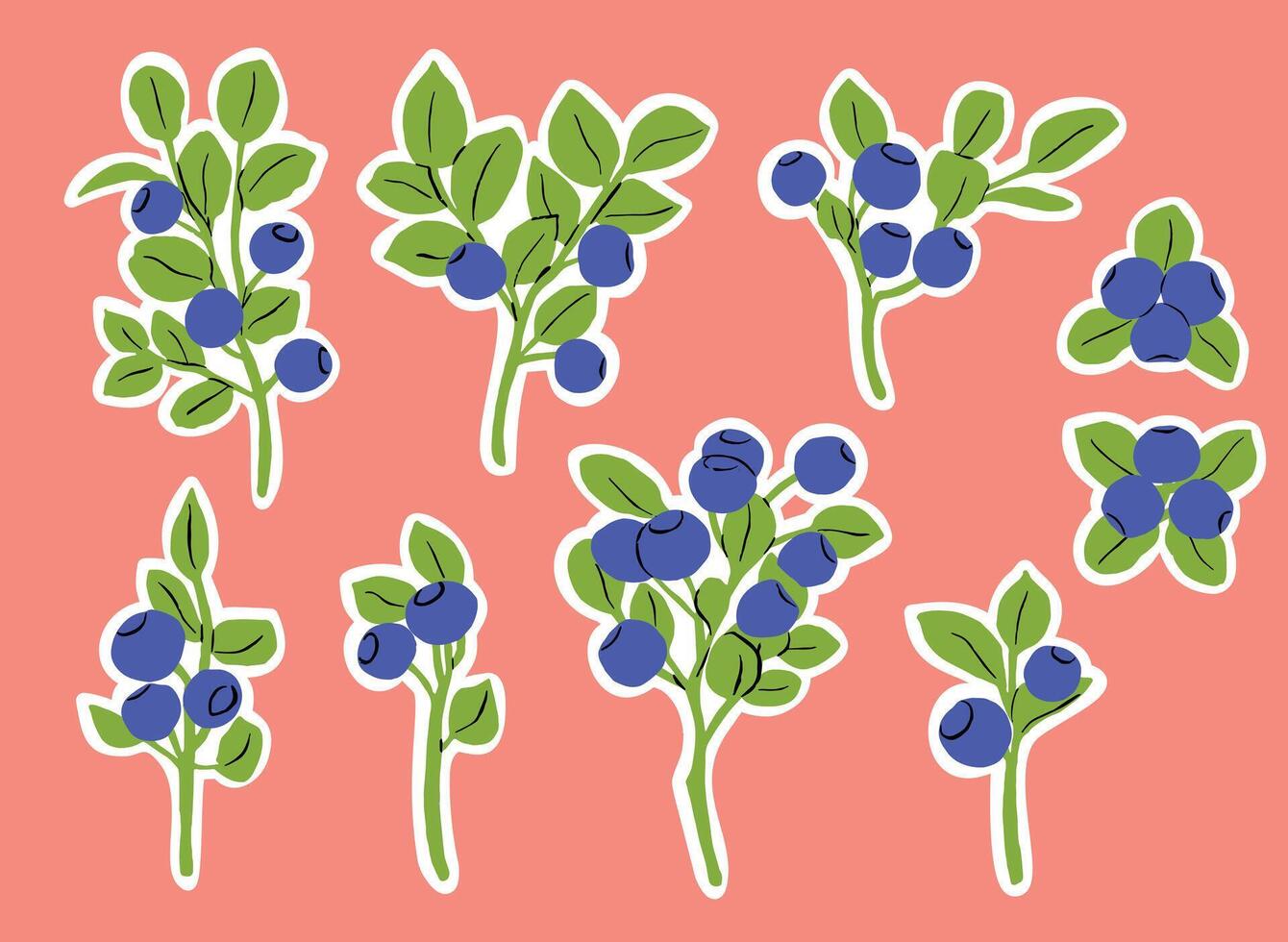 Sticker Set with Colorful Bilberry Branches Illustration on White Background vector