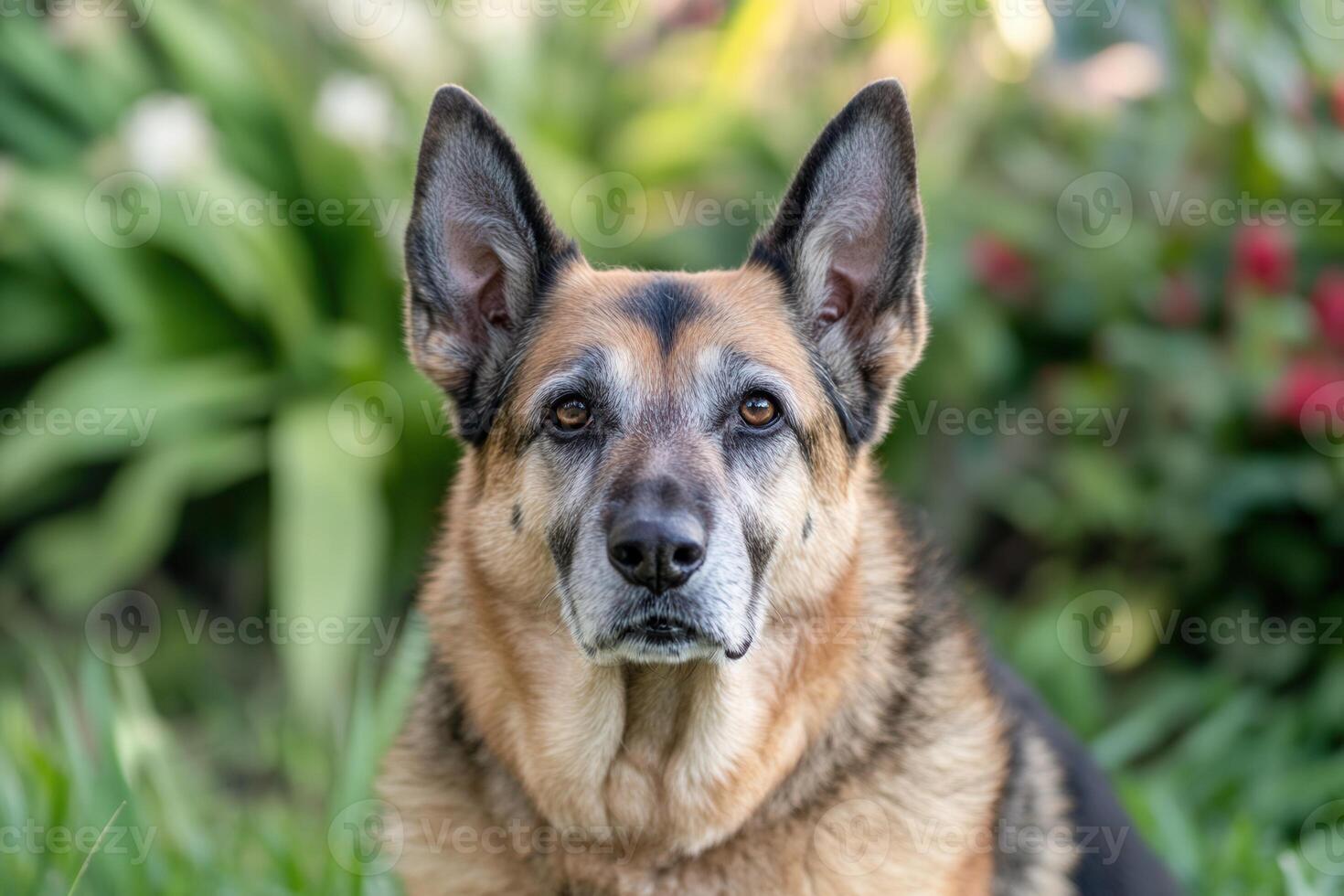 Portrait of beautiful senior german shepherd dog resting in garden photo
