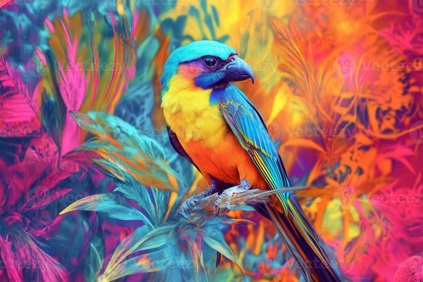 Colorful exotic bird posing on a branch in vibrant jungle scenery photo