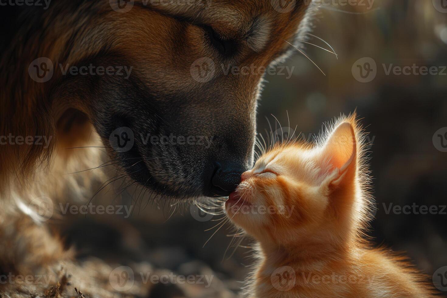 Big dog gently licking tiny ginger kitten's face showing affection photo