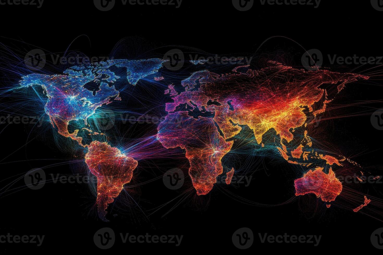World map showing interconnections and data flowing across continents photo