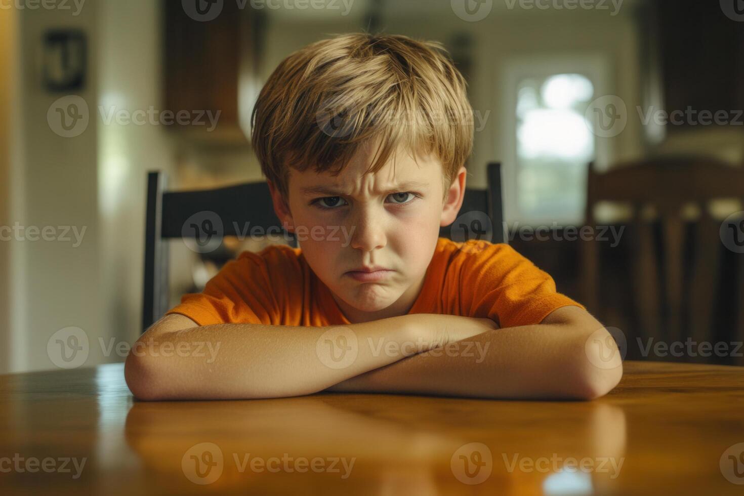Grumpy child sitting at table with arms crossed and scowling face photo
