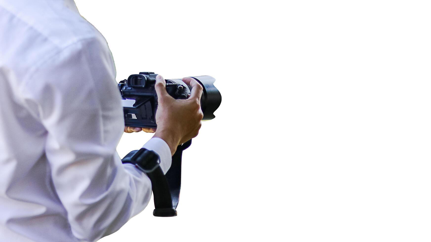 A detailed close-up of hands gently cradling a sleek black camera, symbolizing creativity and the art of capturing moments, set against a minimalist white background photo