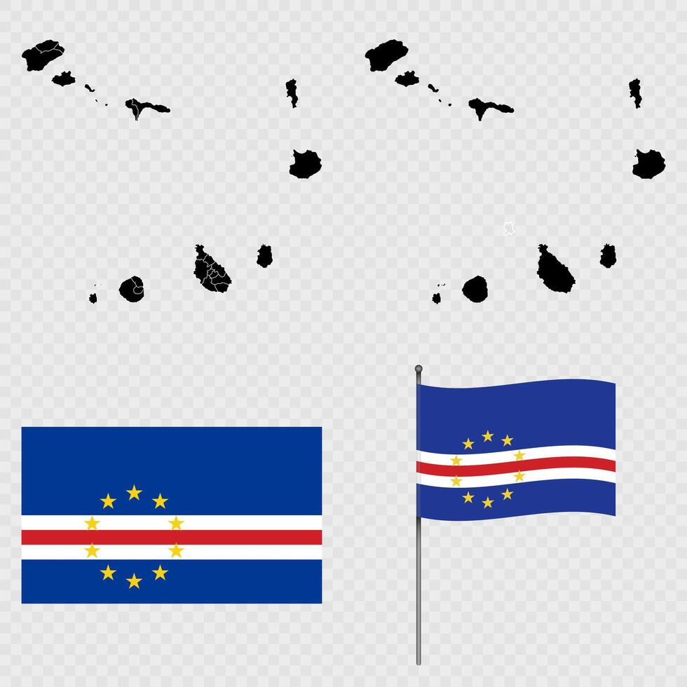 Set of maps, flag and flagpole of Cape Verde. illustration. vector