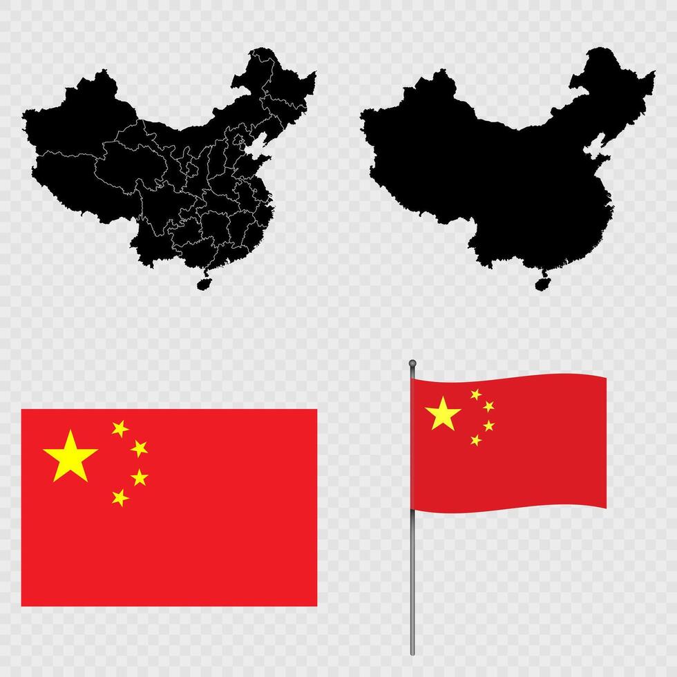 Set of maps, flag and flagpole of China. illustration. vector