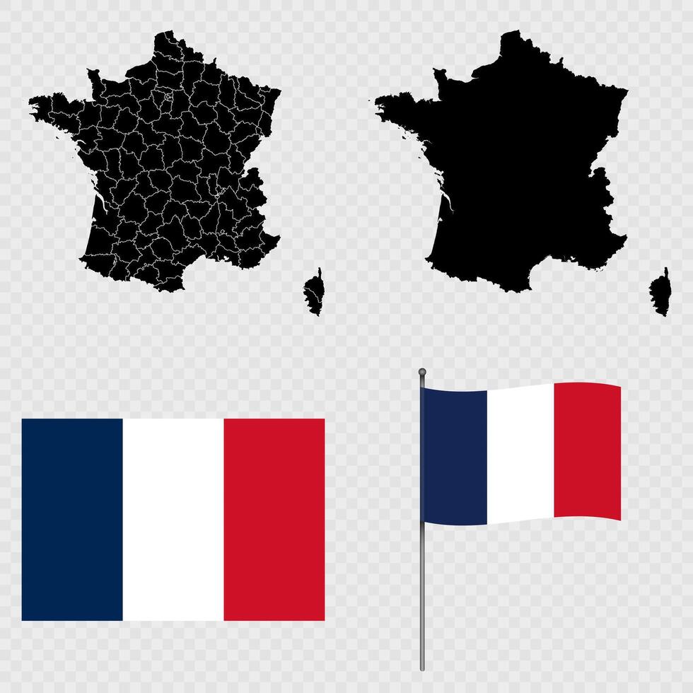 Set of maps, flag and flagpole of France. illustration. vector