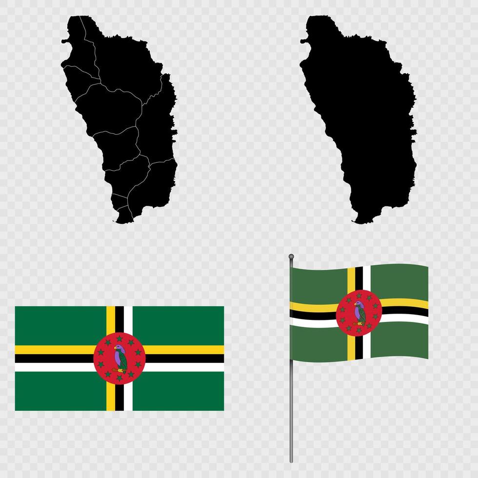 Set of maps, flag and flagpole of Dominica. illustration. vector