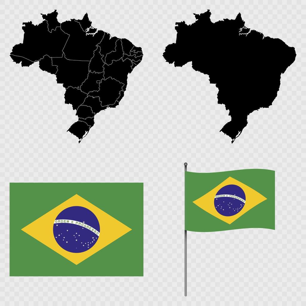 Set of maps, flag and flagpole of Brazil. illustration. vector