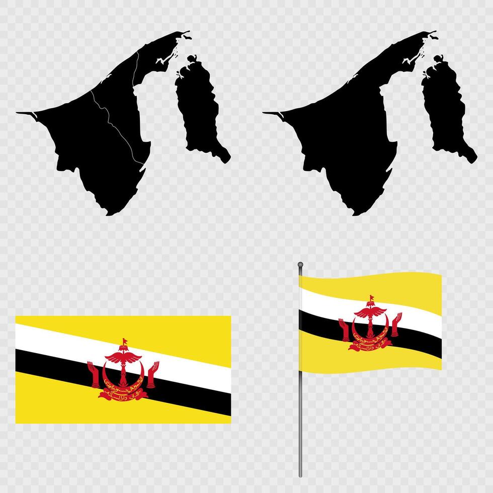 Set of maps, flag and flagpole of Brunei. illustration. vector