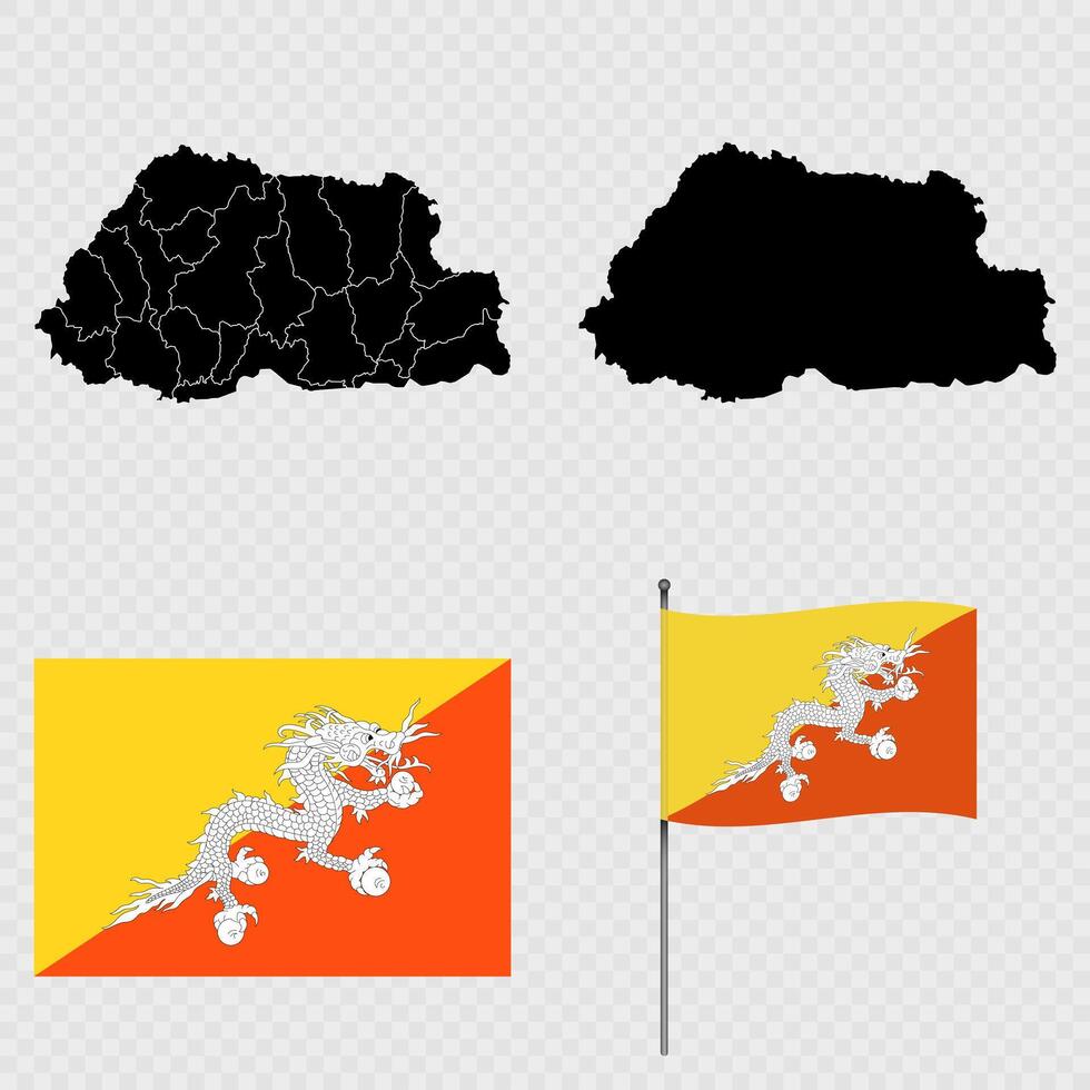 Set of maps, flag and flagpole of Bhutan. illustration. vector