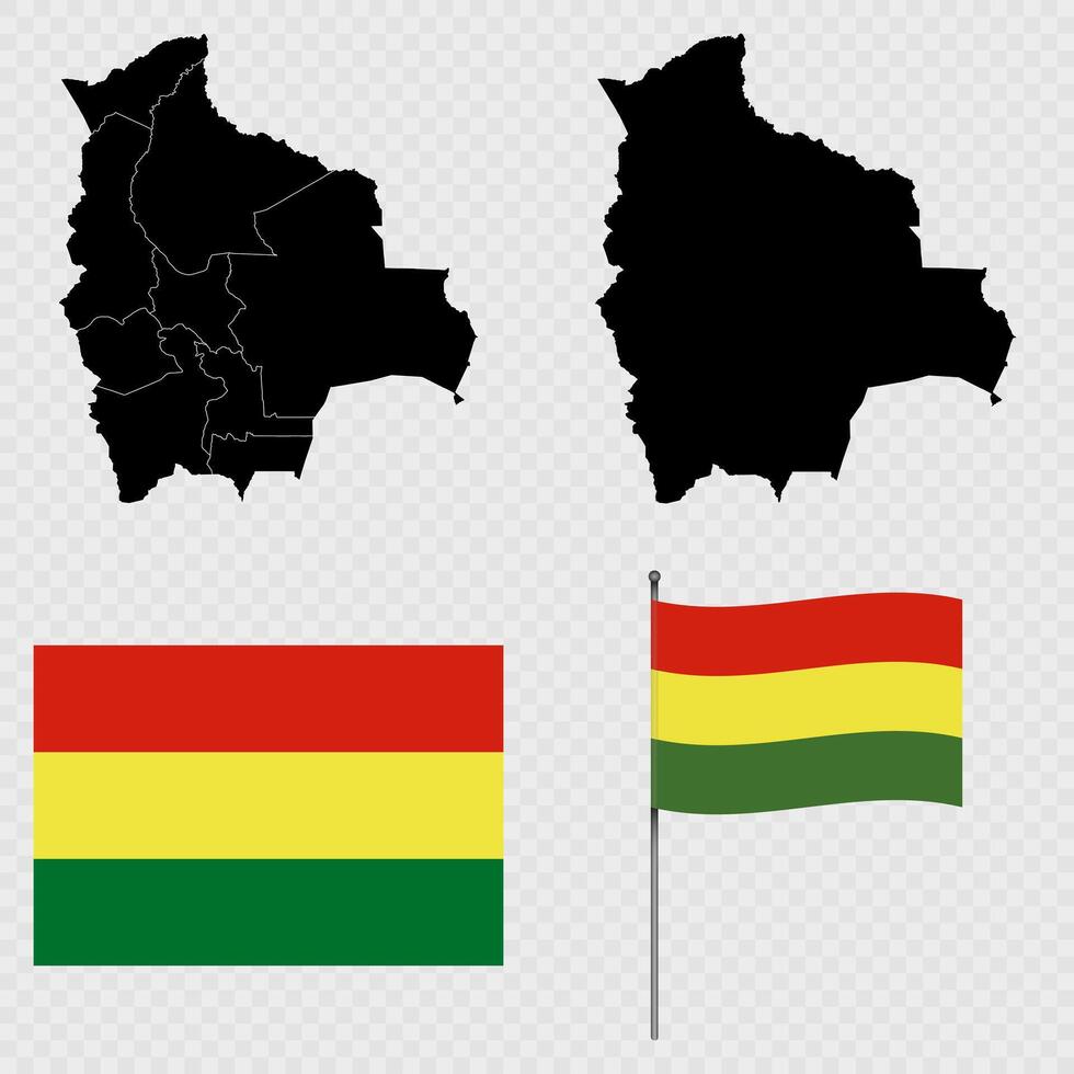 Set of maps, flag and flagpole of Bolivia. illustration. vector