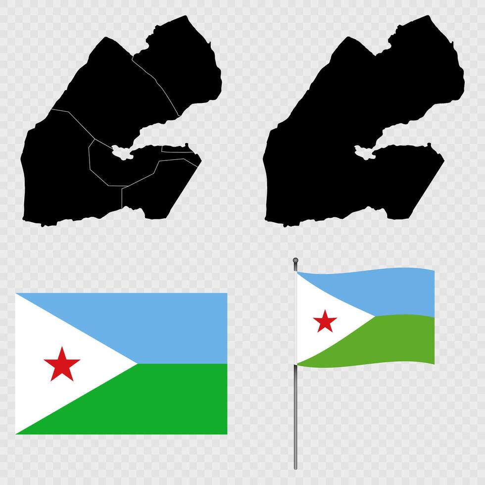 Set of maps, flag and flagpole of Djibouti. illustration. vector
