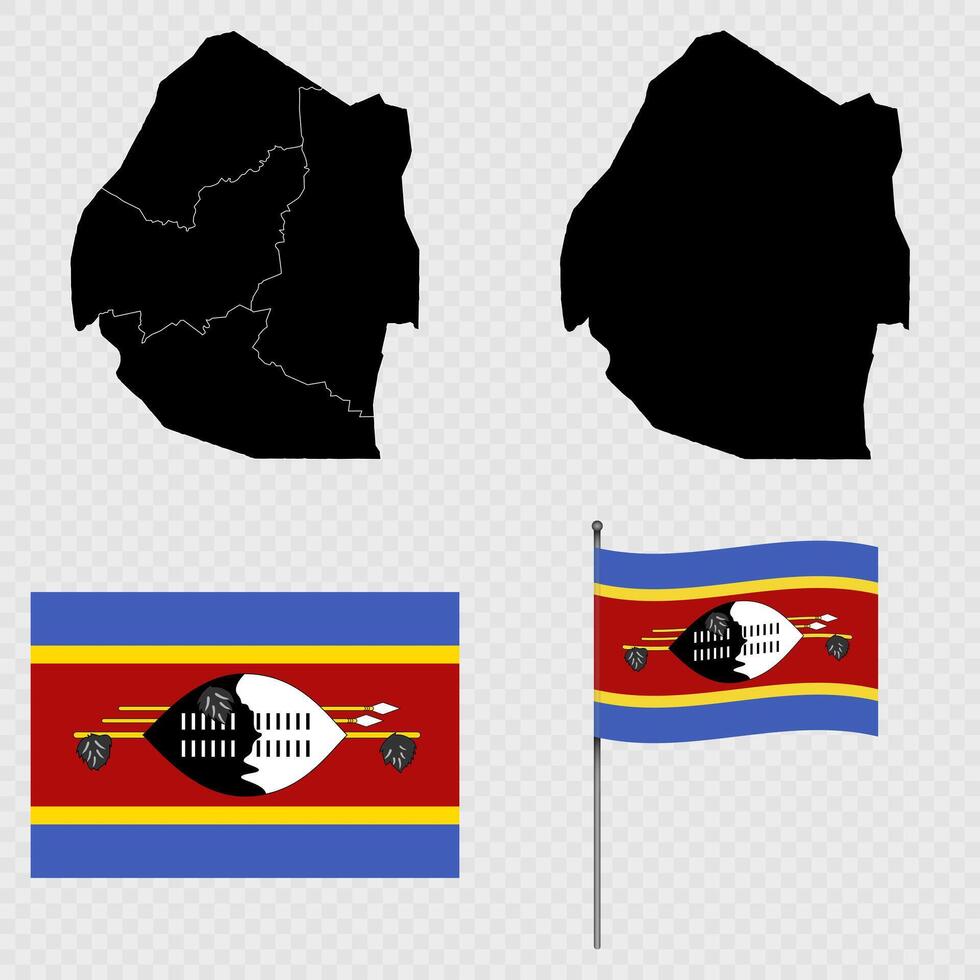 Set of maps, flag and flagpole of Eswatini. illustration. vector