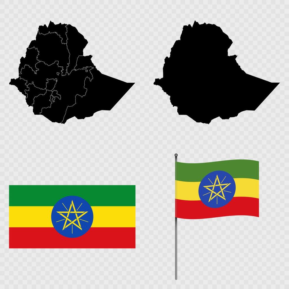 Set of maps, flag and flagpole of Ethiopia. illustration. vector