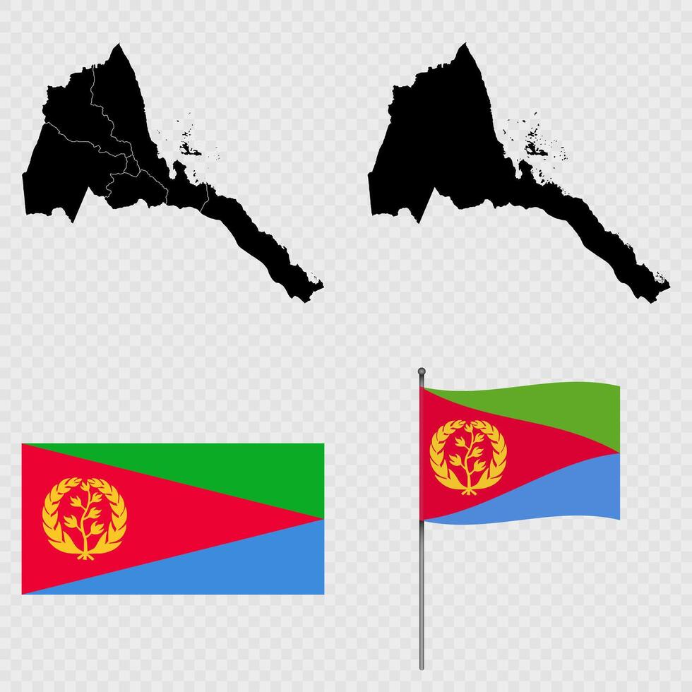 Set of maps, flag and flagpole of Eritrea. illustration. vector