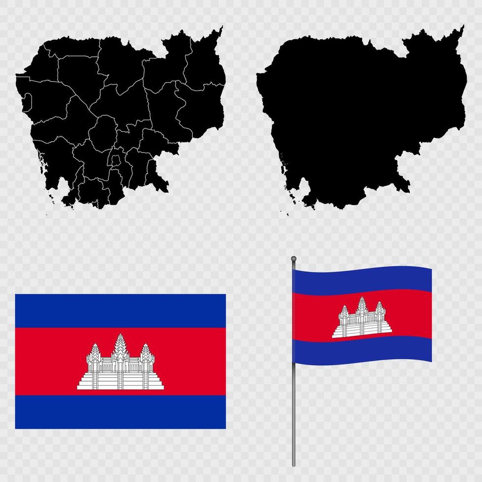 Set of maps, flag and flagpole of Cambodia. illustration. vector