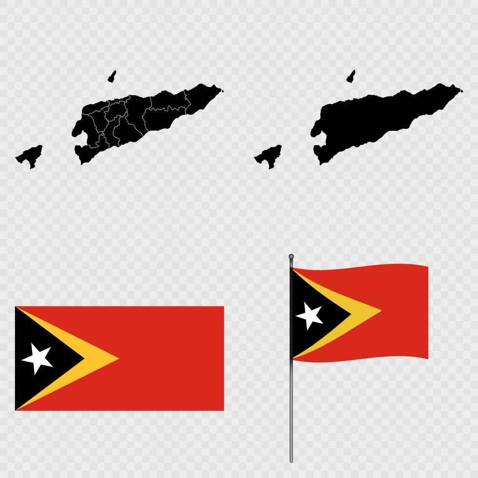 Set of maps, flag and flagpole of East Timor. illustration. vector