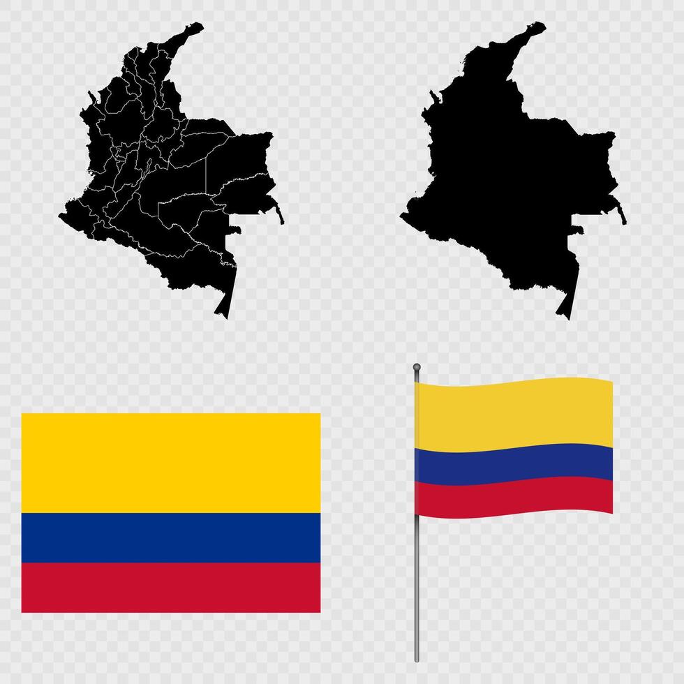 Set of maps, flag and flagpole of Colombia. illustration. vector