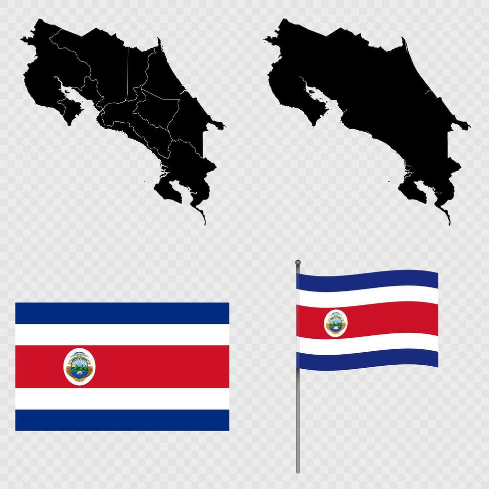 Set of maps, flag and flagpole of Costa Rica. illustration. vector