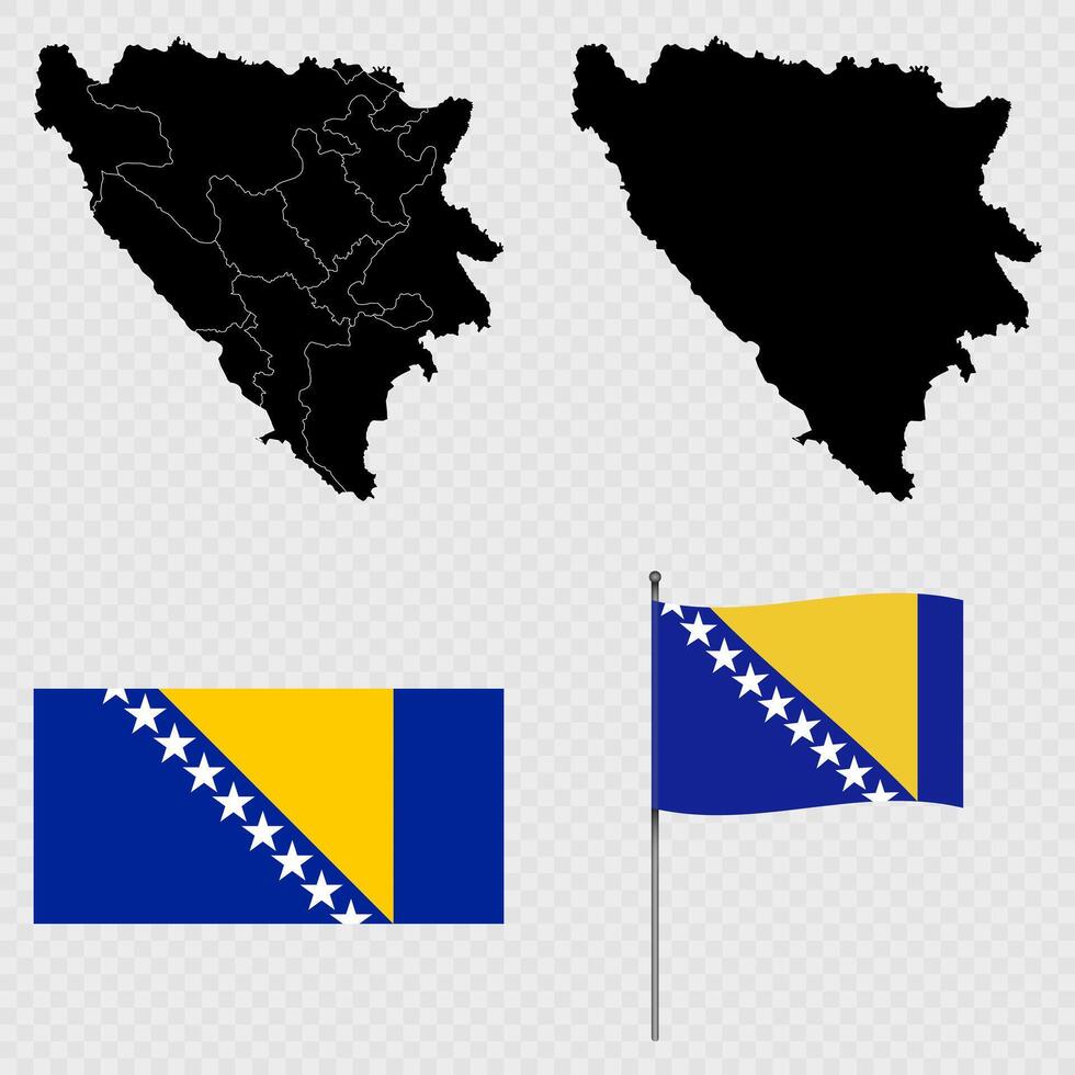 Set of maps, flag and flagpole of Bosnia and Herzegovina. illustration. vector