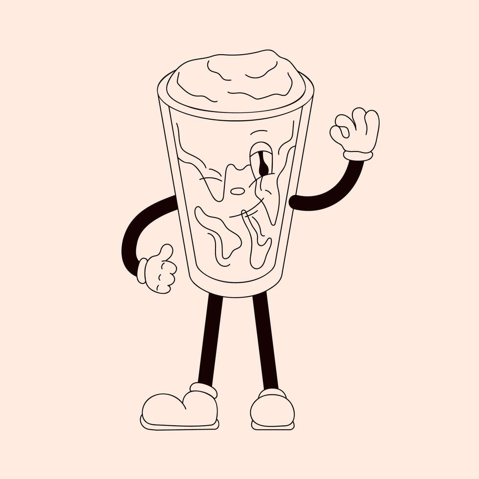 Groovy drink character with thumbs up in line art style. Perfect for retro design. Isolated on a peach background. vector