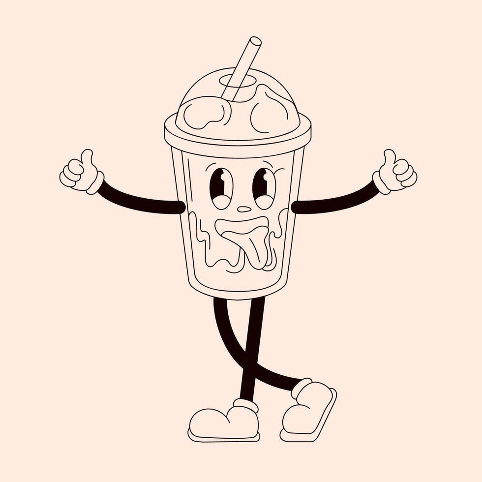 Groovy coffee character shows thumbs up and with drinking straw. Vintage mascot in doodle style. Isolated on a peach background. vector