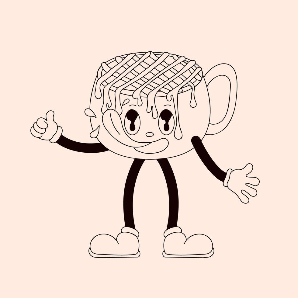 Smiling groovy cup character with topping drizzle with thumbs up in line art style. Fun and quirky design for playful, retro and creative concept. vector
