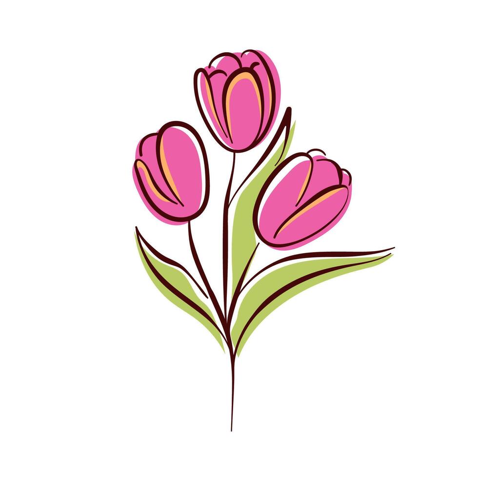 Tulip flower with pink petals in simple flat style, ideal for spring theme, botanical illustration, floral art and design project. Isolated on white background. vector