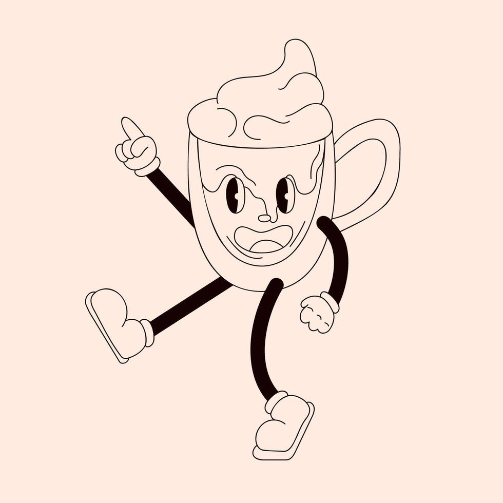 Playful groovy cartoon mug character with whipped cream in line art style. Perfect for retro or fun design. vector