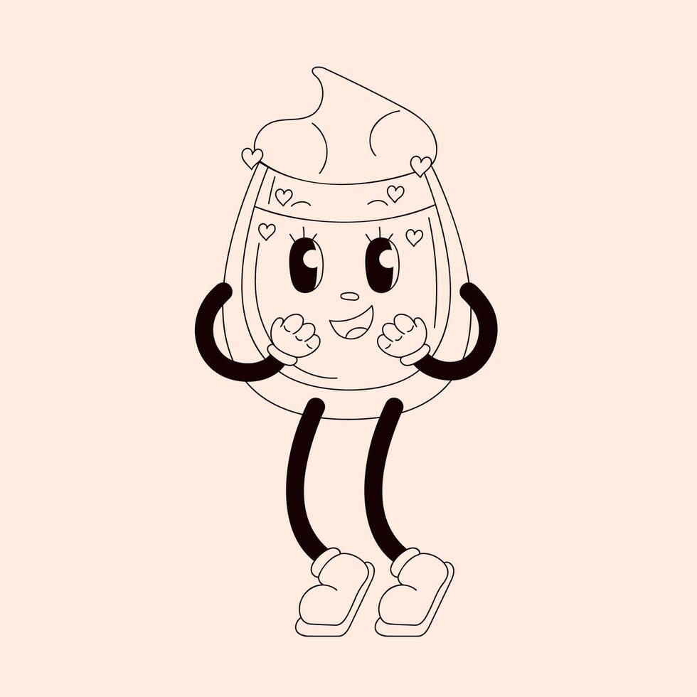 Charming cartoon cup character with whipped cream and hearts for Valentines day. Perfect for retro, groovy and playful design in line art style. vector