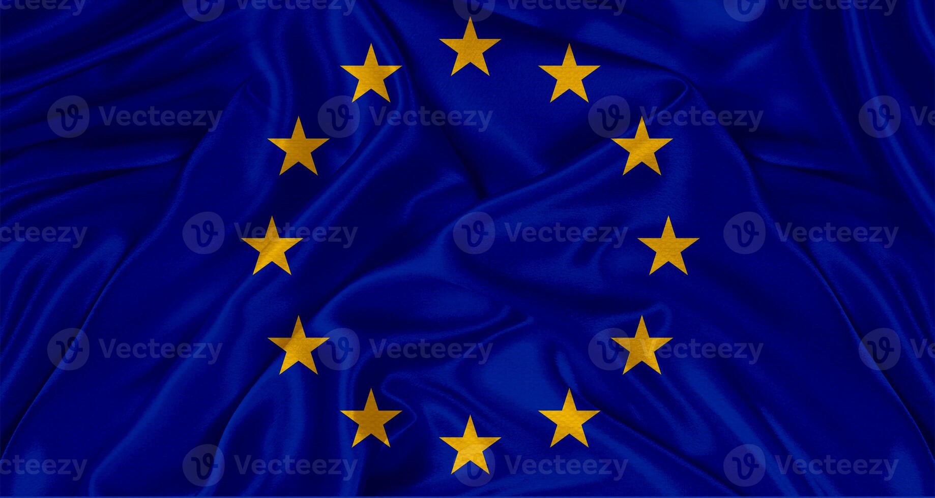 Realistic European Union flag waving. Close up of flag of the European Union with cloth texture photo