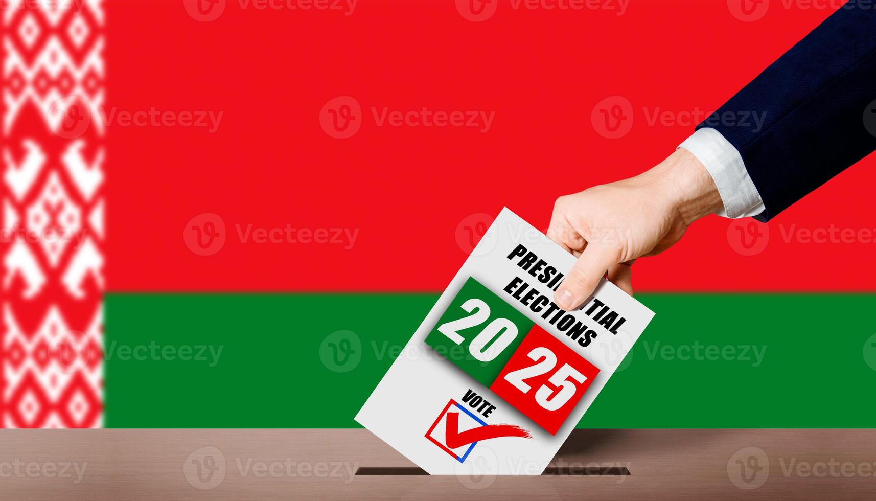 Hand holding ballot in voting ballot box with Belarusian flag. Belarus presidential elections photo