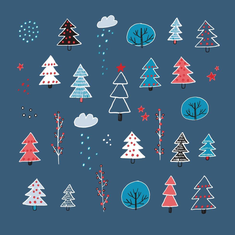 Christmas trees and snowflakes on a blue background vector