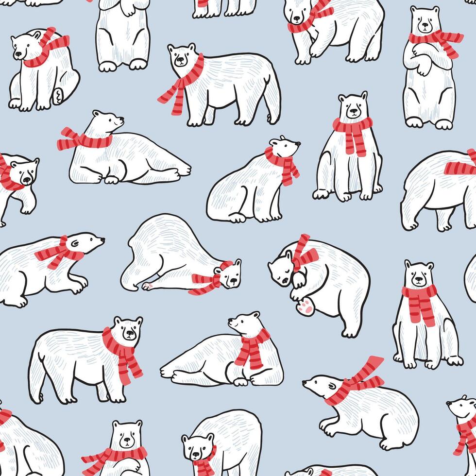 Polar bears in red scarves and hats vector