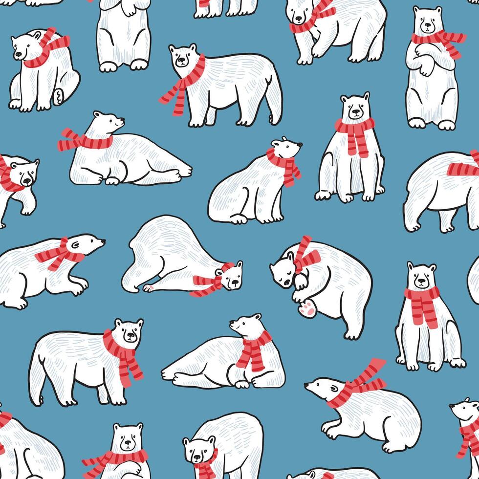 Polar bears in scarves and hats on a blue background vector