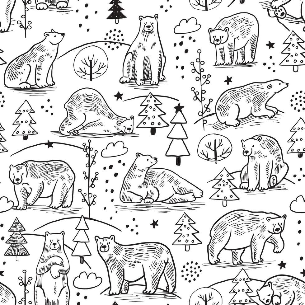 Seamless pattern with bears and trees vector