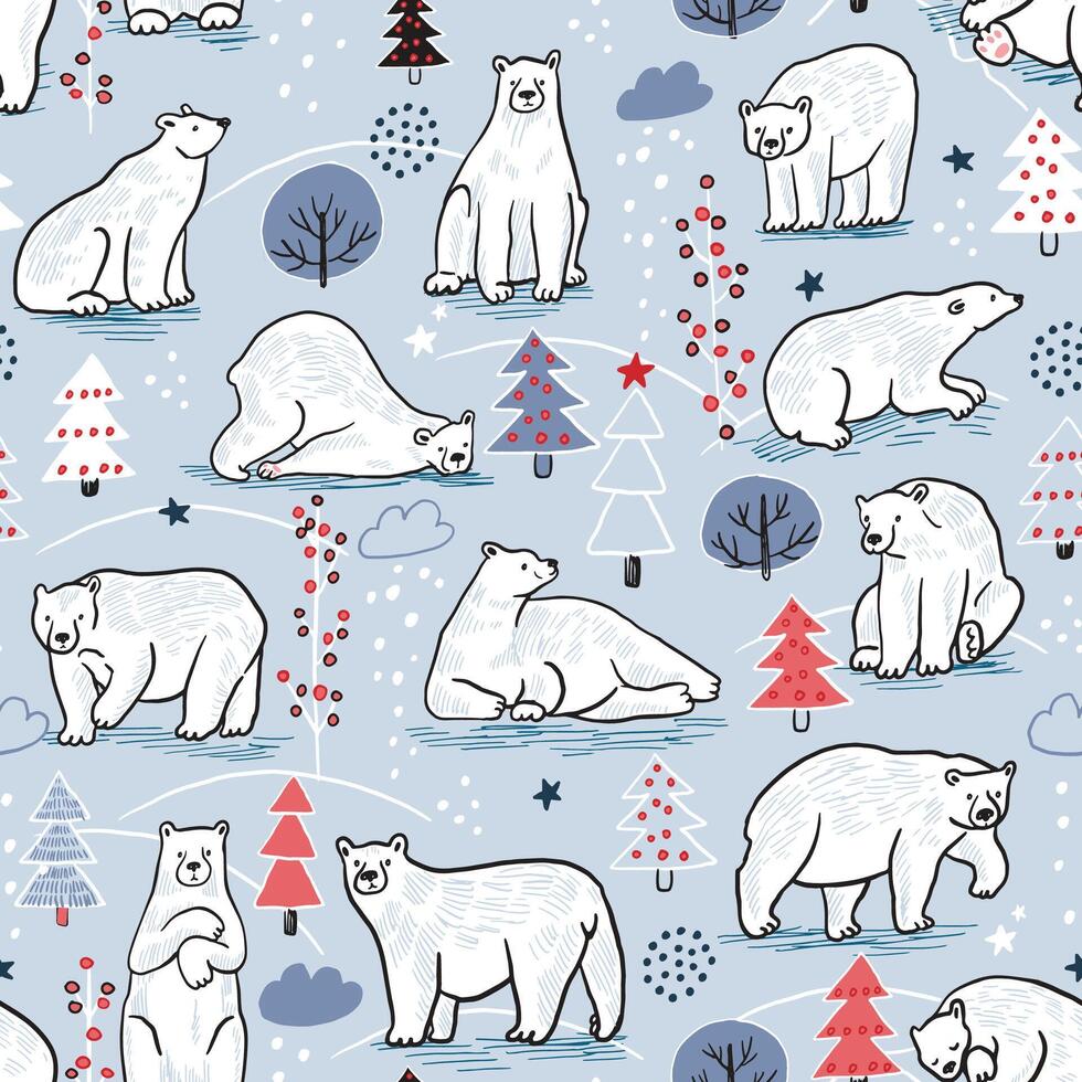 A pattern with polar bears and trees vector