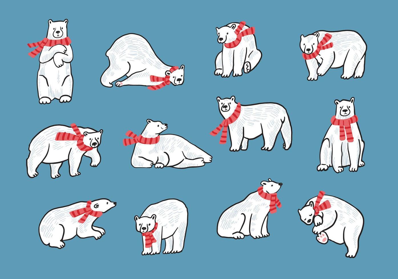 Polar bear in winter clothes set of illustrations vector