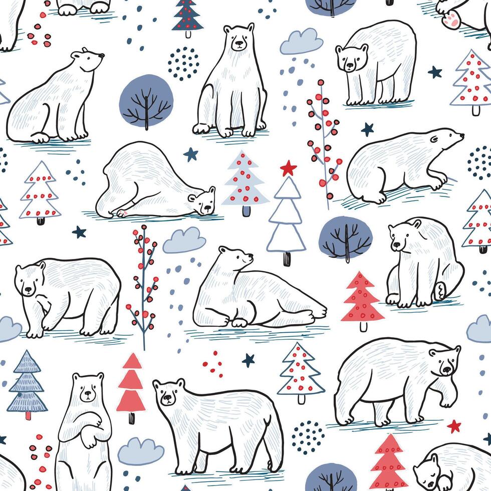 A seamless pattern with polar bears and trees vector